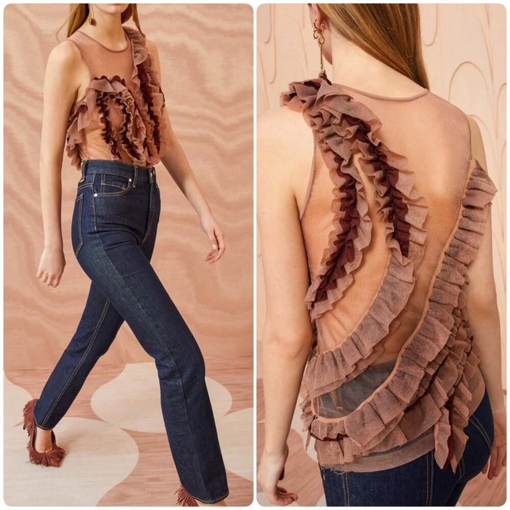 Ulla Johnson Sleeveless Sheer Ruffle Winnifred Top Umber